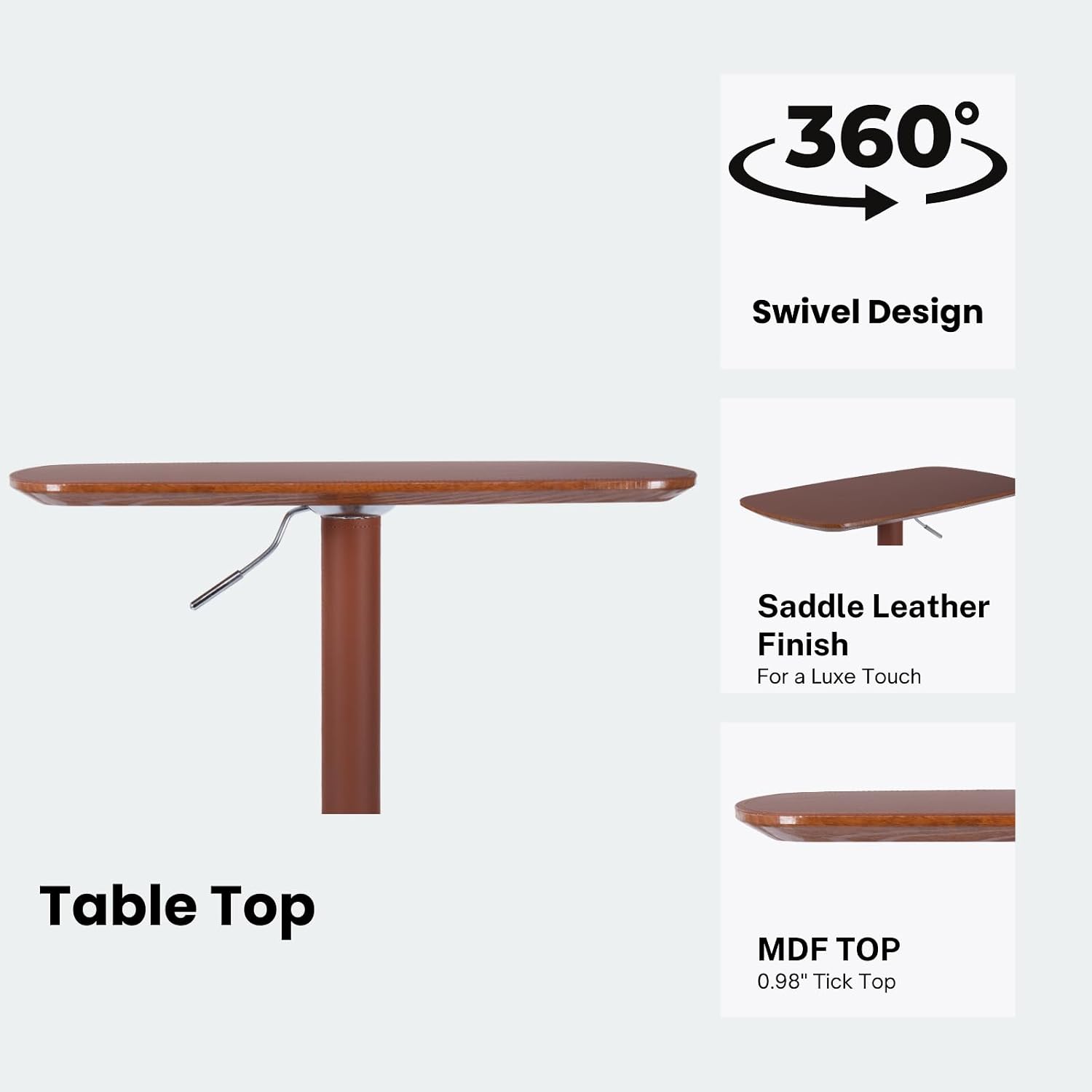 Adjustable Swivel Table with Faux Saddle Leather Cover & Heavy Duty Metal Chassis, Large Laptop Stand for Bed, Sturdy TV Tray for Eating, Modern Couch Table for Living Room
