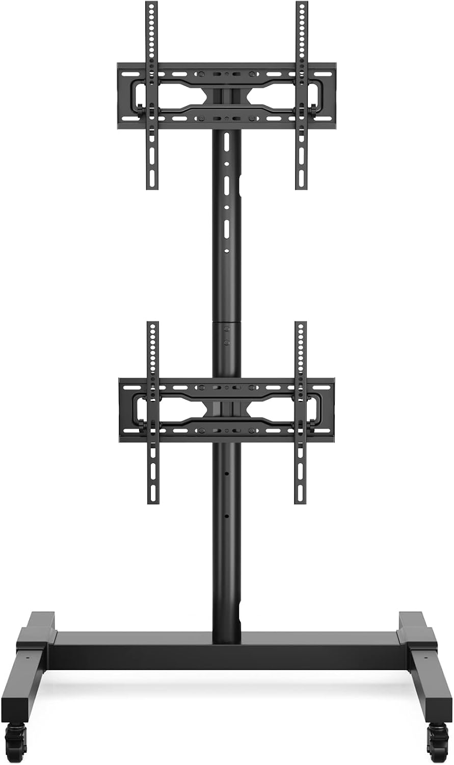 5Rcom Rolling/Mobile TV Cart with Wheels for 32 to 55 Inch LCD LED 4K Flat Curved Screen Vertical TVs-Height Adjustable Screen Tilt Rolling TV Stand for 2 TVs with Laptop Shelf Holds Up to 132 lbs