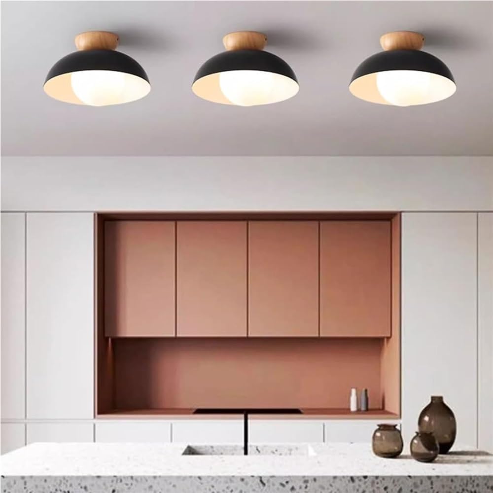 Nordic Minimalist Ceiling Light Wrought Iron Wood Semi Recessed Modern Flush Mount Lamp Space Saving Lighting Fixture for Bedroom Aisle Entrance Kitchen Cloakroom(Black)