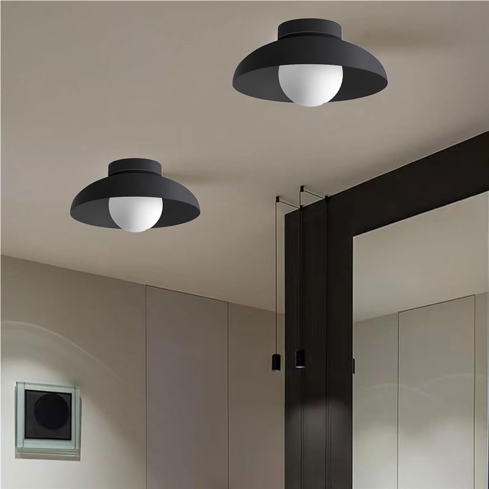Japanese Style Hanging Lamp G9 Ceiling Light Round Glass Wrought Iron Fixture for Aisle Corridor Kitchen Bedroom Porch Homestay(Black)