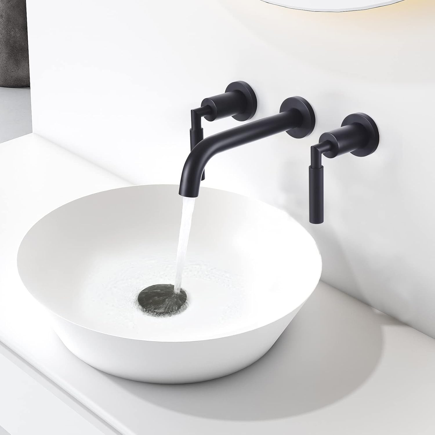 RBROHANT Black Wall Mount Faucet with Pop up Drain Set for Sink Without Overflow, Matte Black Dual Handle Wall Mounted Bathroom Sink Faucet, Brass Rough-in Valve Included, RB0735D