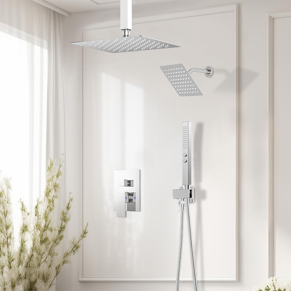 Shower System Shower Faucet Set, STARBATH 6'+12' Ceiling Mount Dual Rain Shower Head Set with 2 in 1 Handheld Spray,Rainfall Shower System with Diverter Valve and Trim Kit Complete,Chrome