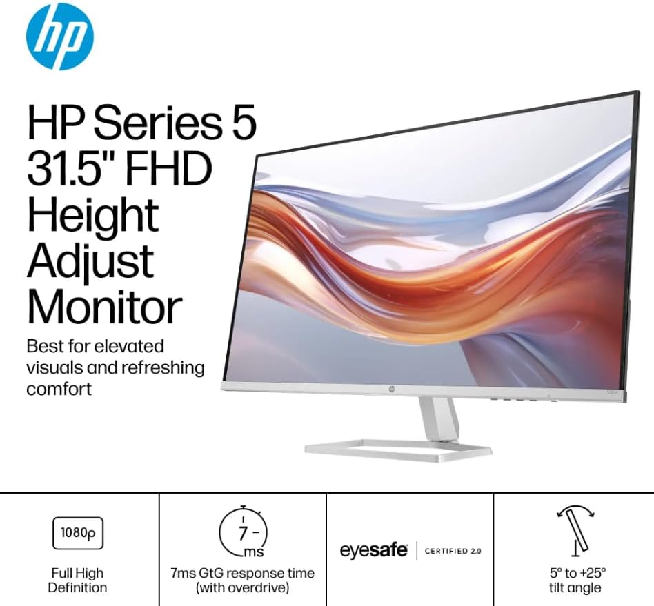 HP Monitor 32' VA Panel, FHD(1920X1080), Anti-Glare Display, 100Hz Refresh Rate, 7 MS Response Time, 2 x HDMI 1.4, 1 x VGA, 16:9 Aspect Ratio, Silver, with HDMI Cable