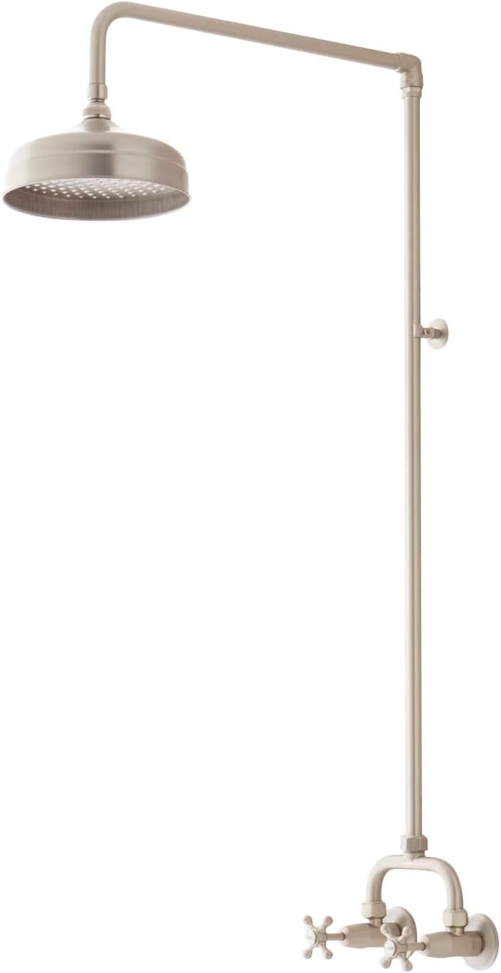 Signature Hardware 922235 Baudette Exposed Pipe Shower System with Rainfall Shower Head, Shower Arm, and Cross Handles - Brushed Gold