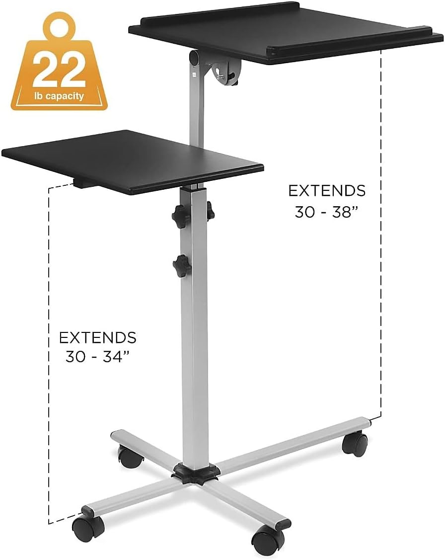Mount-It! Projector Stand Mobile Projector Cart with Laptop Shelf on Wheels, Heavy Duty Two Shelves Height Adjustable Laptop and Projector Presentation Trolley in Black