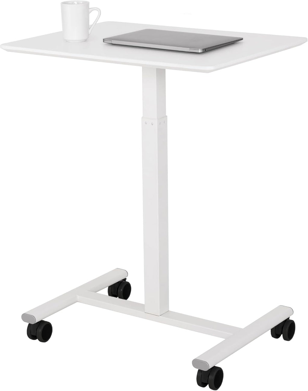 Seville Classics Airlift Height Adjustable Pneumatic Laptop Sit Stand Desk Mobile Rolling Cart, Computer Workstation for Home Office, Classroom, White, 25.6' Desktop
