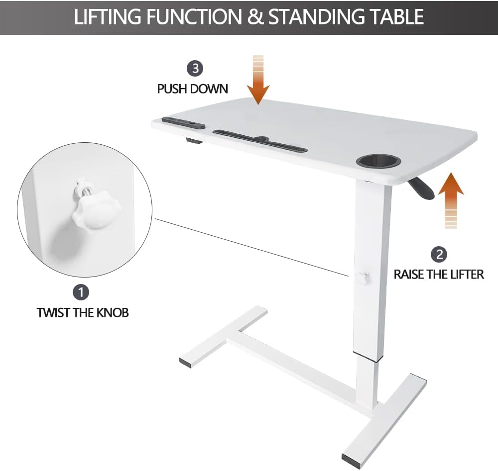 Over Bed Table Pneumatic Adjustable Height Stand Desk with Hidden Wheels USB Ports Pad Slot Mobile Laptop Standing Desk Cart, Podium Table (White, 32X16 inshes)