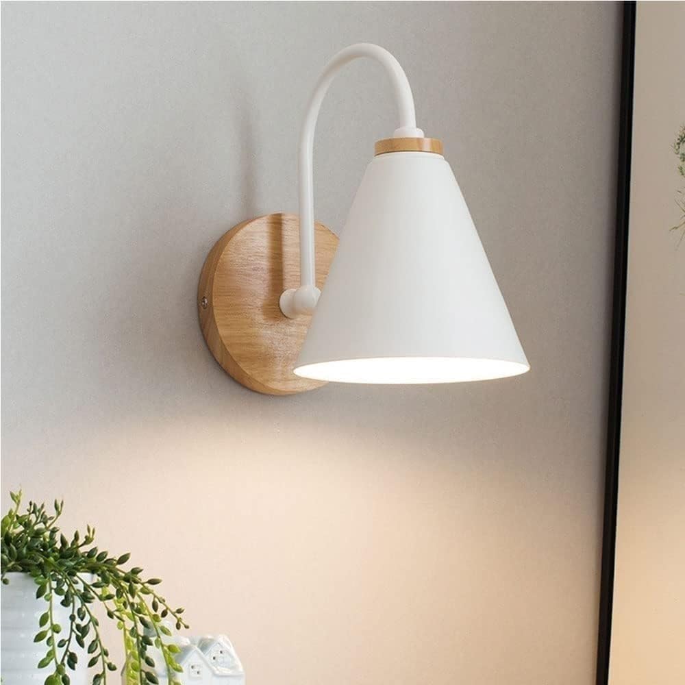 Nordic Wall Sconce Solid Wood Wrought Iron Wall Lamp Modern Japanese Style E26/E27 Base Bedside Wall Mount Light Fixture for Bedroom Living Room Apartment Homestay Black(White)