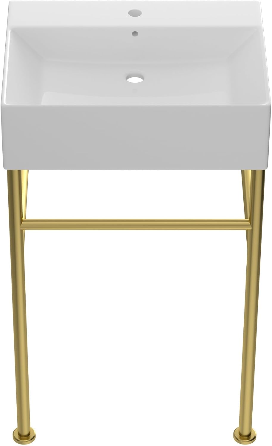 24''x16'' Modern Console Bathroom Sink with Gold Stainless Steel Pedestal Legs, Freestanding & Wall Mount Vessel Vanity Basin, Rectangular Ceramic Sink for Small Space, Brushed Gold