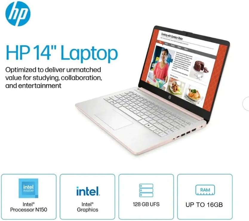 HP Student Laptop, Intel Processor N150(up to 3.6 GHz), 14 Inch LED Screen,16G RAM, 128GB Storange,One Year Office 365, Windows 11 Home,w/YYY Bundle,Rose Gold