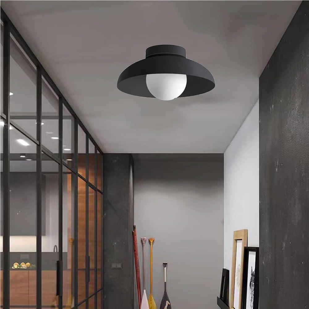 Japanese Style Hanging Lamp G9 Ceiling Light Round Glass Wrought Iron Fixture for Aisle Corridor Kitchen Bedroom Porch Homestay(Black)
