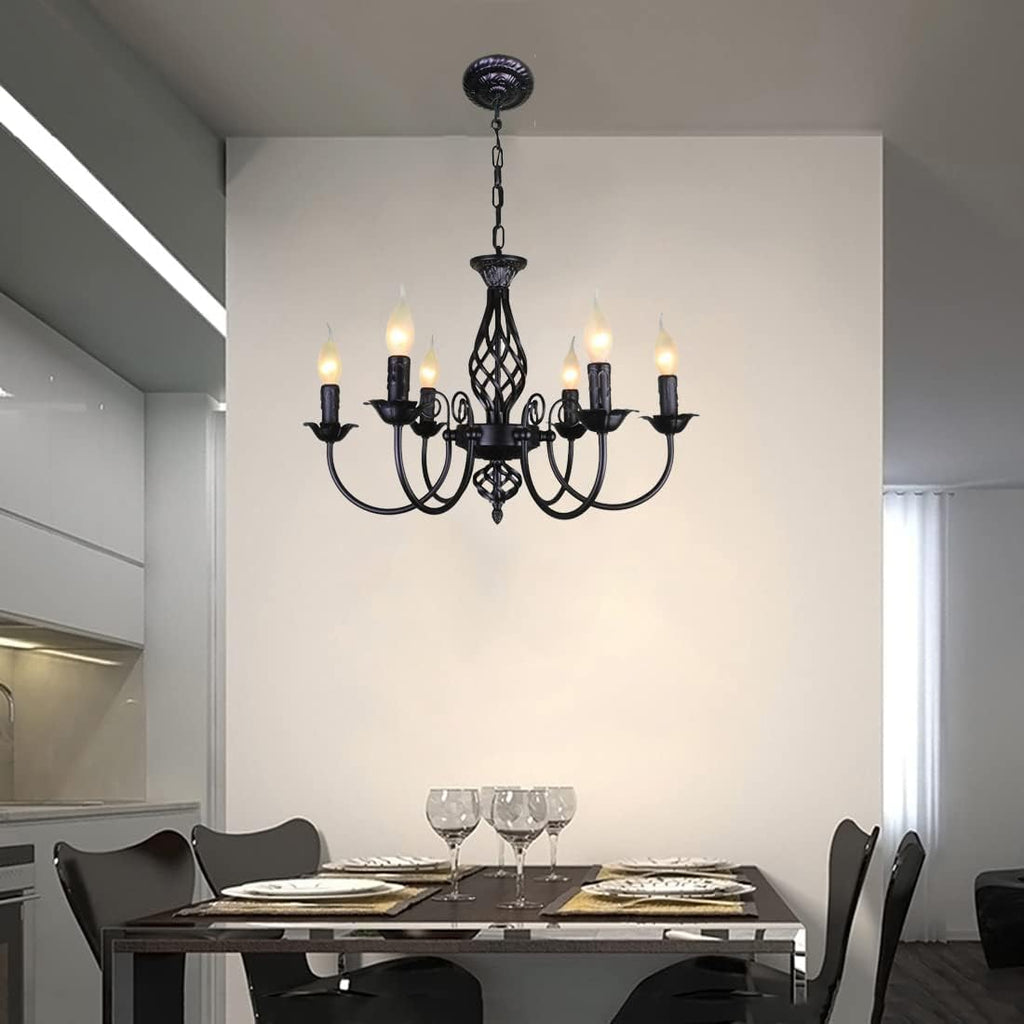 Black Wrought Iron Chandelier 6-Light Rustic Round Black Wood Ceiling Light Fixture Farmhouse Industrial Cage Pendant Light for Kitchen Island Bedroom Dining Room Foyer Living Room