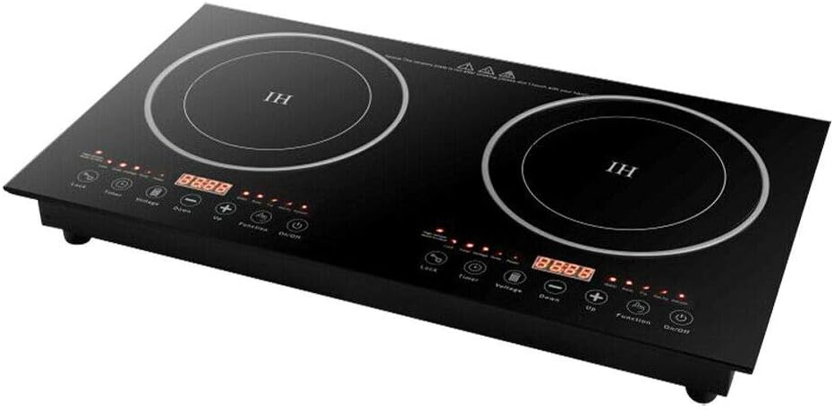 Black Crystal Panel Induction Cooker 110V Black Electric Hot Plate Stove Countertop Double Burner Dual Countertop Electric Cooktop 1200W with 8 Gear Firepower Induction Stove Cooker For Griddle, Pan