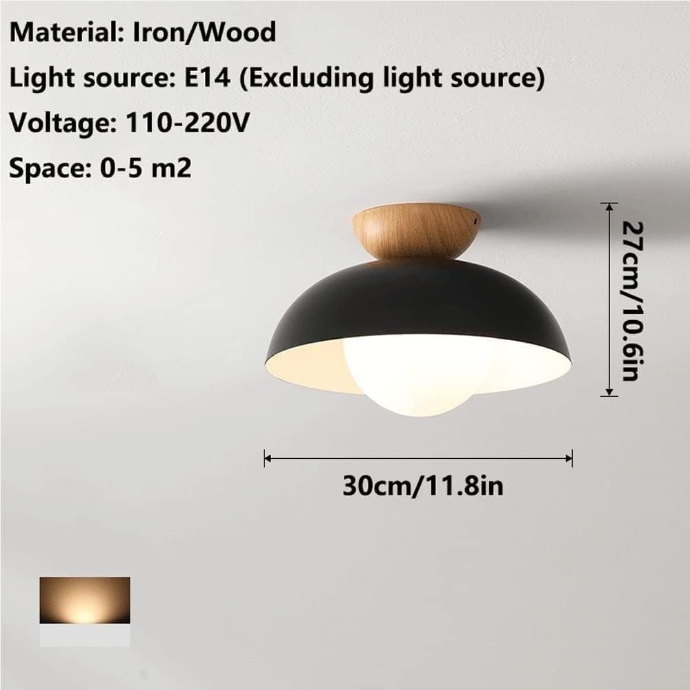 Nordic Minimalist Ceiling Light Wrought Iron Wood Semi Recessed Modern Flush Mount Lamp Space Saving Lighting Fixture for Bedroom Aisle Entrance Kitchen Cloakroom(Black)