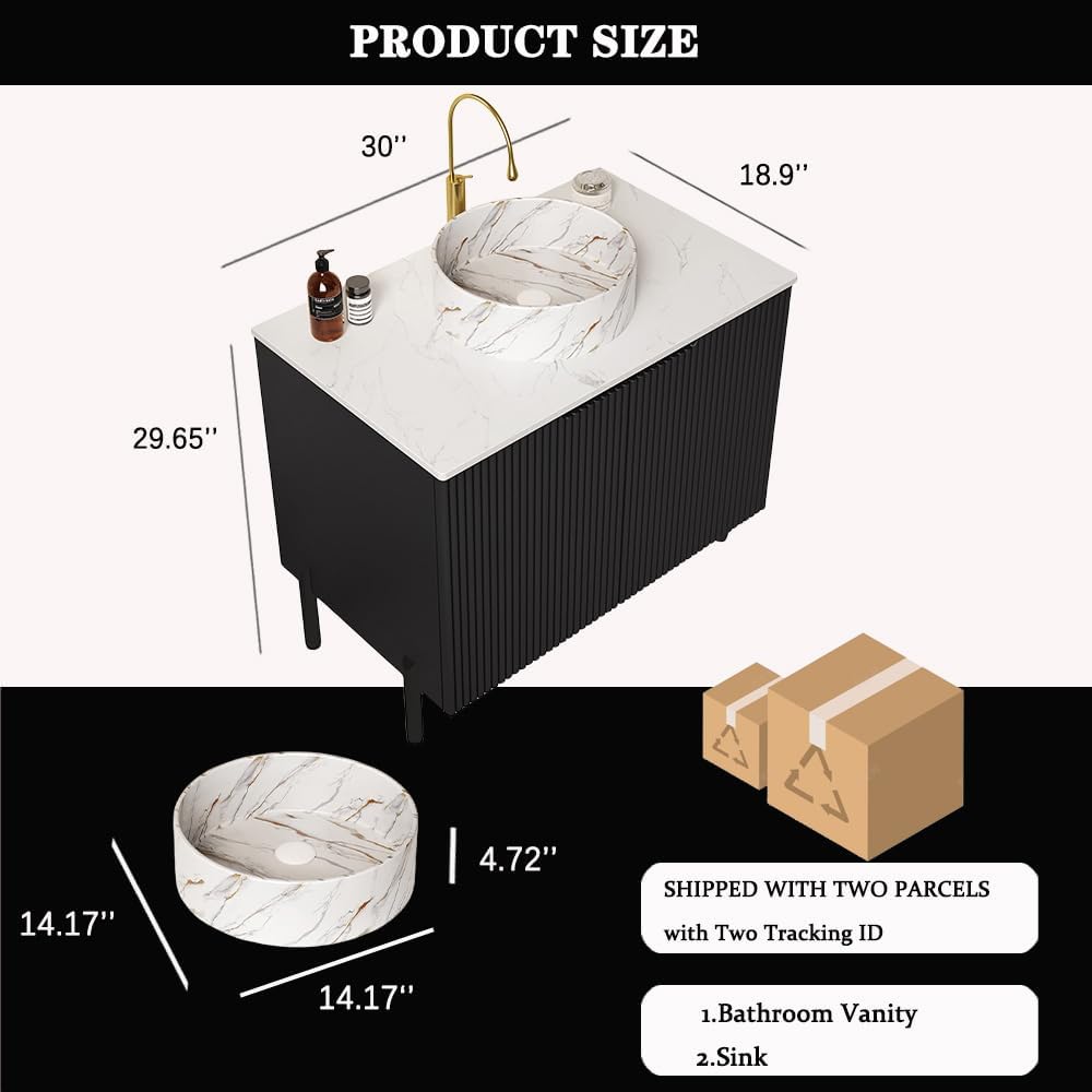 30' Bathroom Vanity with Sink, Modern Bathroom Vanities with 2 Soft-Closing Doors, Freestanding Bathroom Cabinet with Round Ceramic Basin & Carrara White Counter Top-Colmar, Black/R