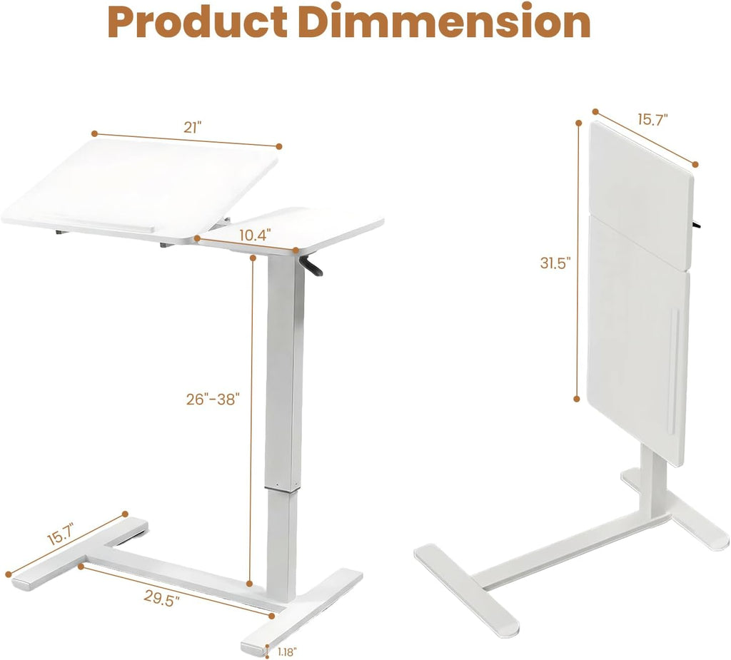 Portable Overbed Rolling Desk, Height Adjustable Mobile Standing Table, Foldable 31 Inch Small Laptop Bedside Desk with Tiltable Desktop, Hidden Wheels, Tray Table for Bed Sofa Side, White