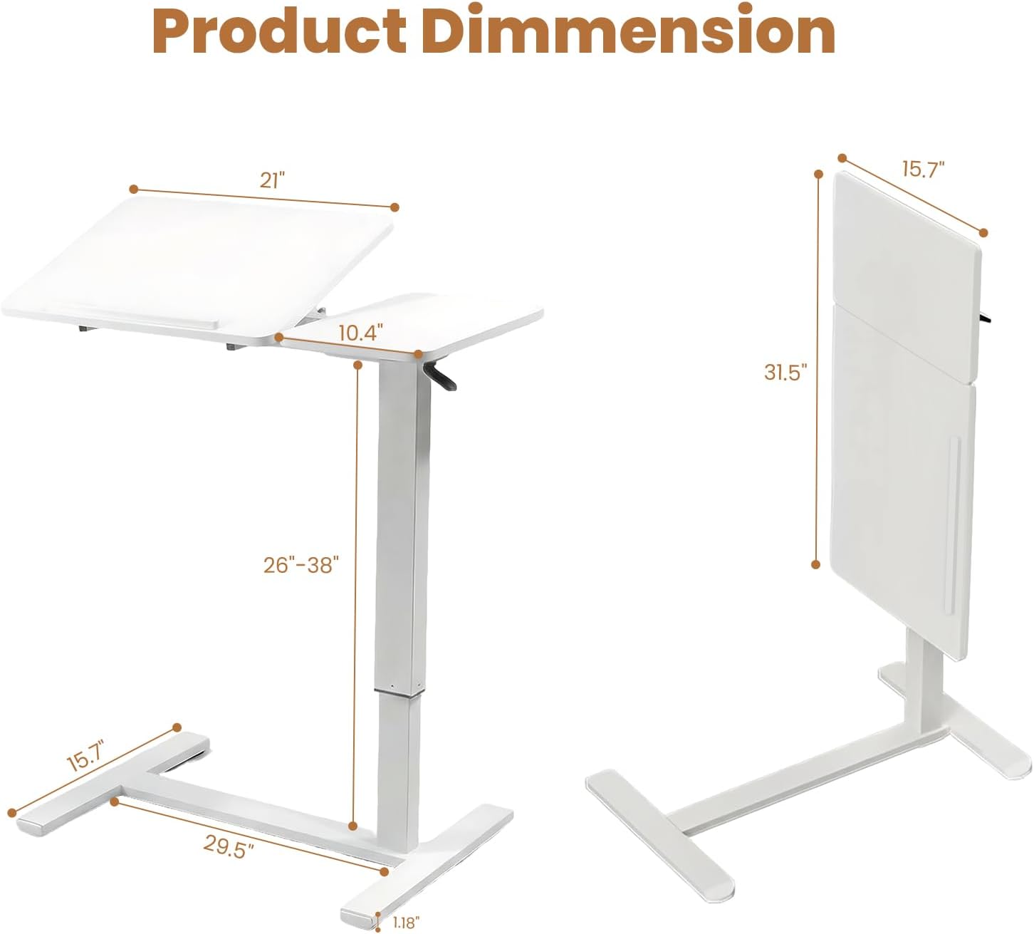 Portable Overbed Rolling Desk, Height Adjustable Mobile Standing Table, Foldable 31 Inch Small Laptop Bedside Desk with Tiltable Desktop, Hidden Wheels, Tray Table for Bed Sofa Side, White