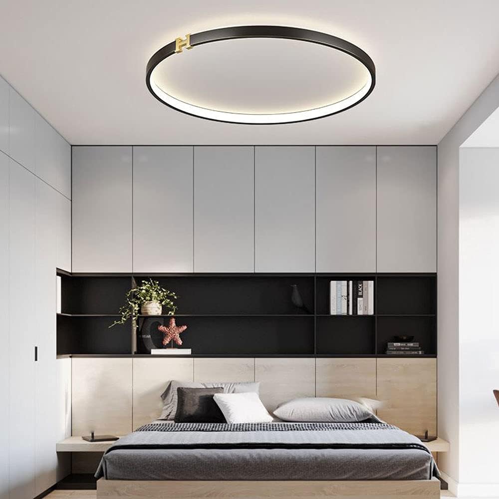 Nordic Black Wrought Iron Round Ceiling Light,LED Flush Mount Ceiling Light Fixture,Three-Color Dimming Ceiling Light,Bedroom Corridor Decorative Lighting