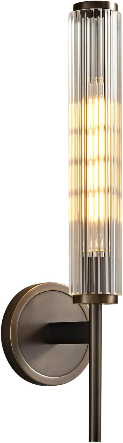 Antique Brass Wall Sconce, Bathroom Vanity Wall Light with Grooved Glass Tube Shade, Vintage Farmhouse Wall Lamp for Hallway, Bedroom, Living Room, and Dining Room Mirrors(Including Bulb)