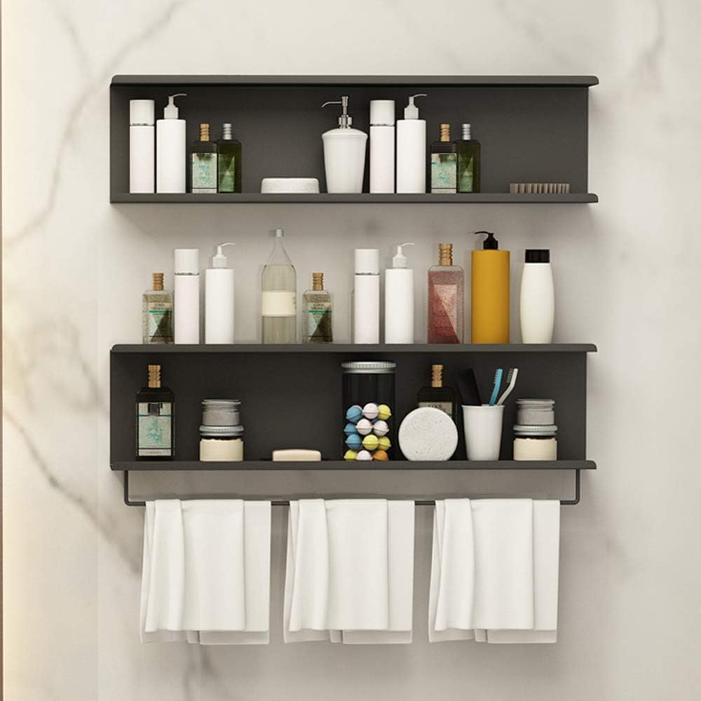 Black/White/Gold Wrought Iron Shelf Household Bathroom Wall Moisture-Proof Shelf, Towel Storage Rack, Article Storage Cabinet (Black 45×15cm)