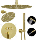 Shower Systems Round Shower Faucet Set, 12+6' Dual Rainfall Shower head with 2 in 1 Handheld Spray, Ceiling Mount Push Button Shower Set with Valve and Trim Kit Brushed Gold,Can Use All at Once