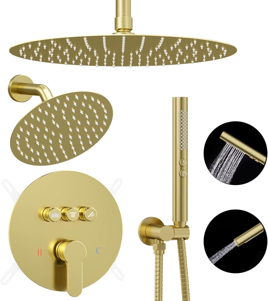 Shower Systems Round Shower Faucet Set, 12+6' Dual Rainfall Shower head with 2 in 1 Handheld Spray, Ceiling Mount Push Button Shower Set with Valve and Trim Kit Brushed Gold,Can Use All at Once