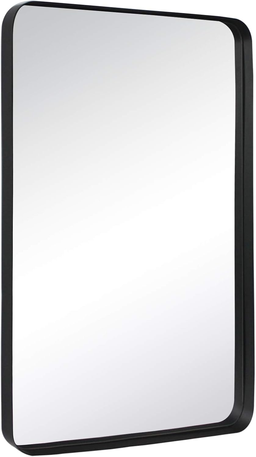 TEHOME 24x36 Matt Black Metal Framed Bathroom Mirror for Wall in Stainless Steel Matte Black Rounded Rectangular Bathroom Vanity Mirrors Wall Mounted