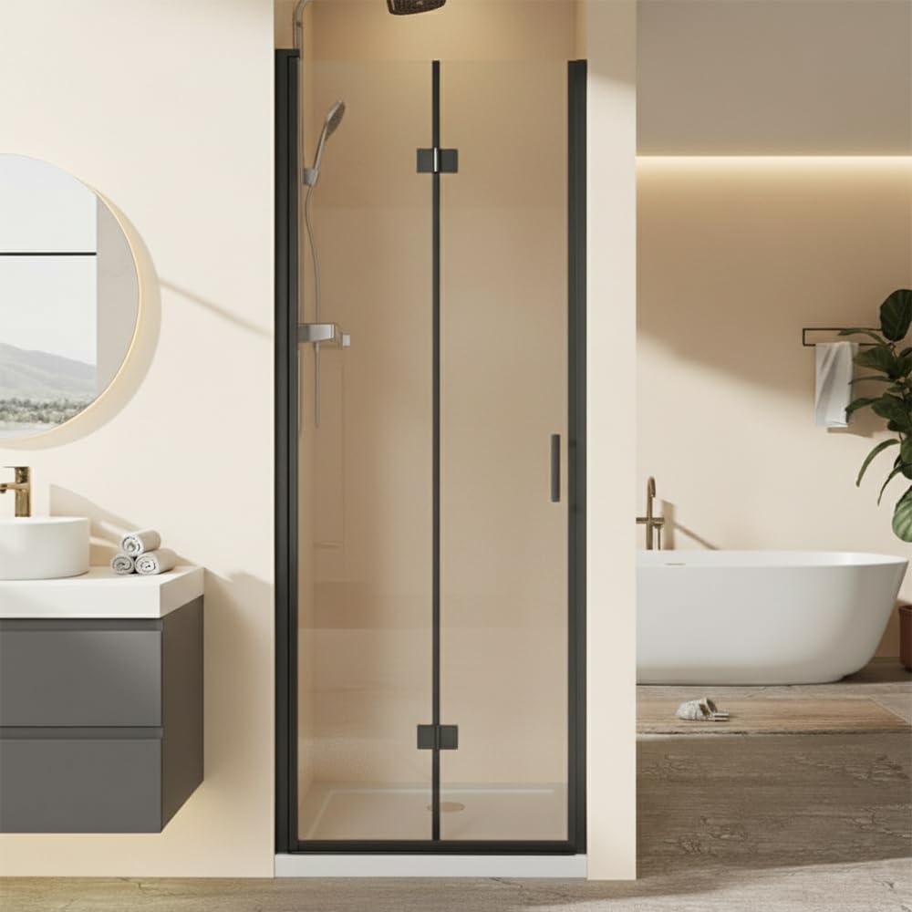 30' Pivot Shower Door Semi-Frameless Swing & Hinged Bi-Folding Tempered Glass Shower Cubicle for Bathroom,Black