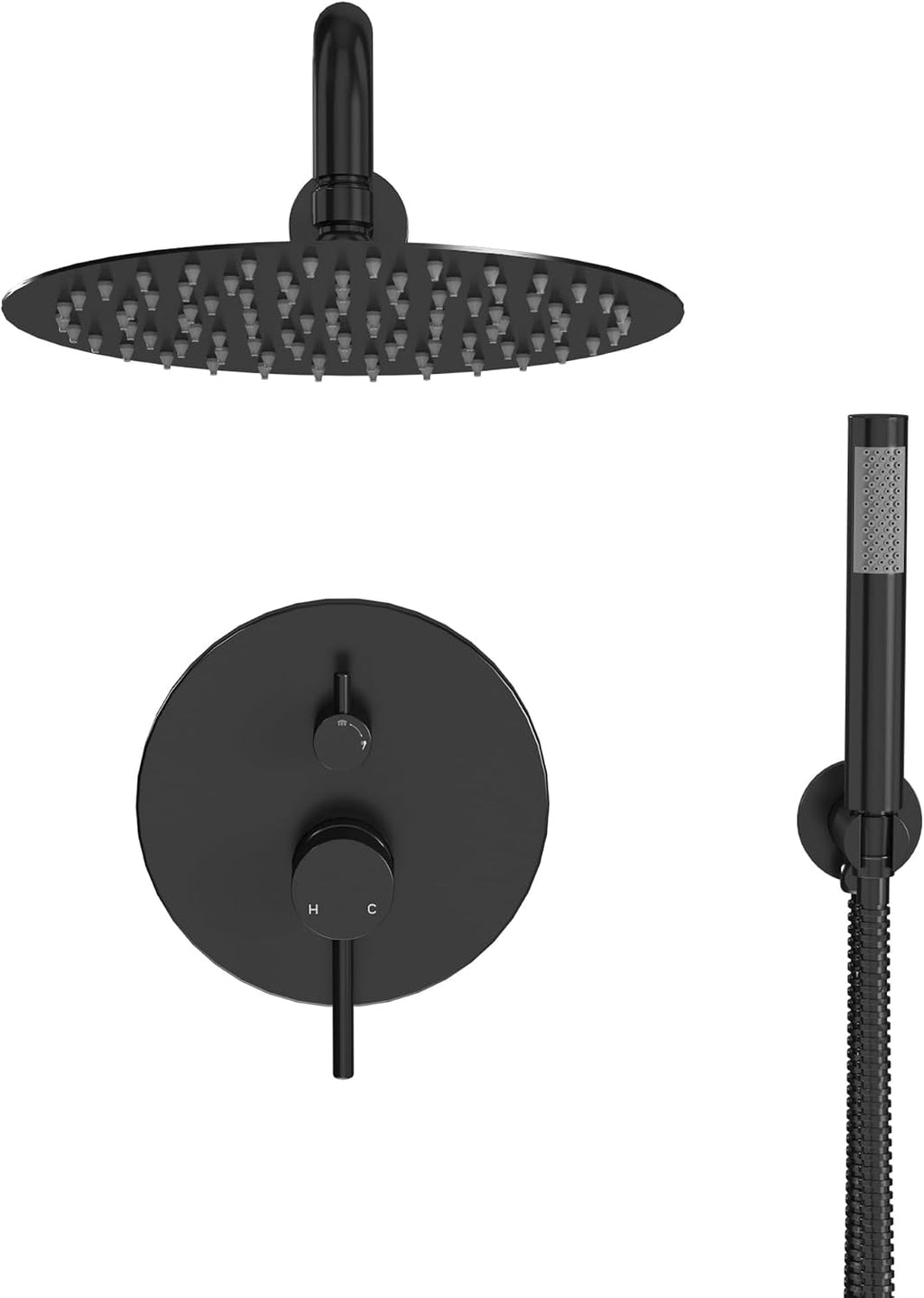 MONDAWE Round Shower Faucet Set, Wall Mounted Shower System 10 Inch Rainfall Shower Head with Handheld Combo, Matte Black High Pressure Rainfall Shower Set -Valve Included