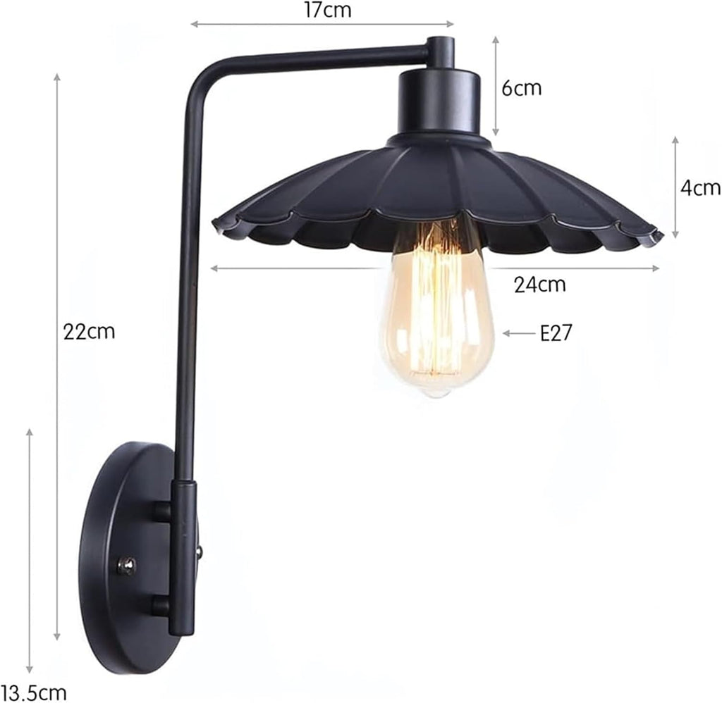 European Wall Light Retro Loft Wall Lamp V-intage Wrought Iron Lampshade Lighting Fixture Bedroom Bedside Living Room Study Cafe Dining Room Lamp Chandelier(Black)