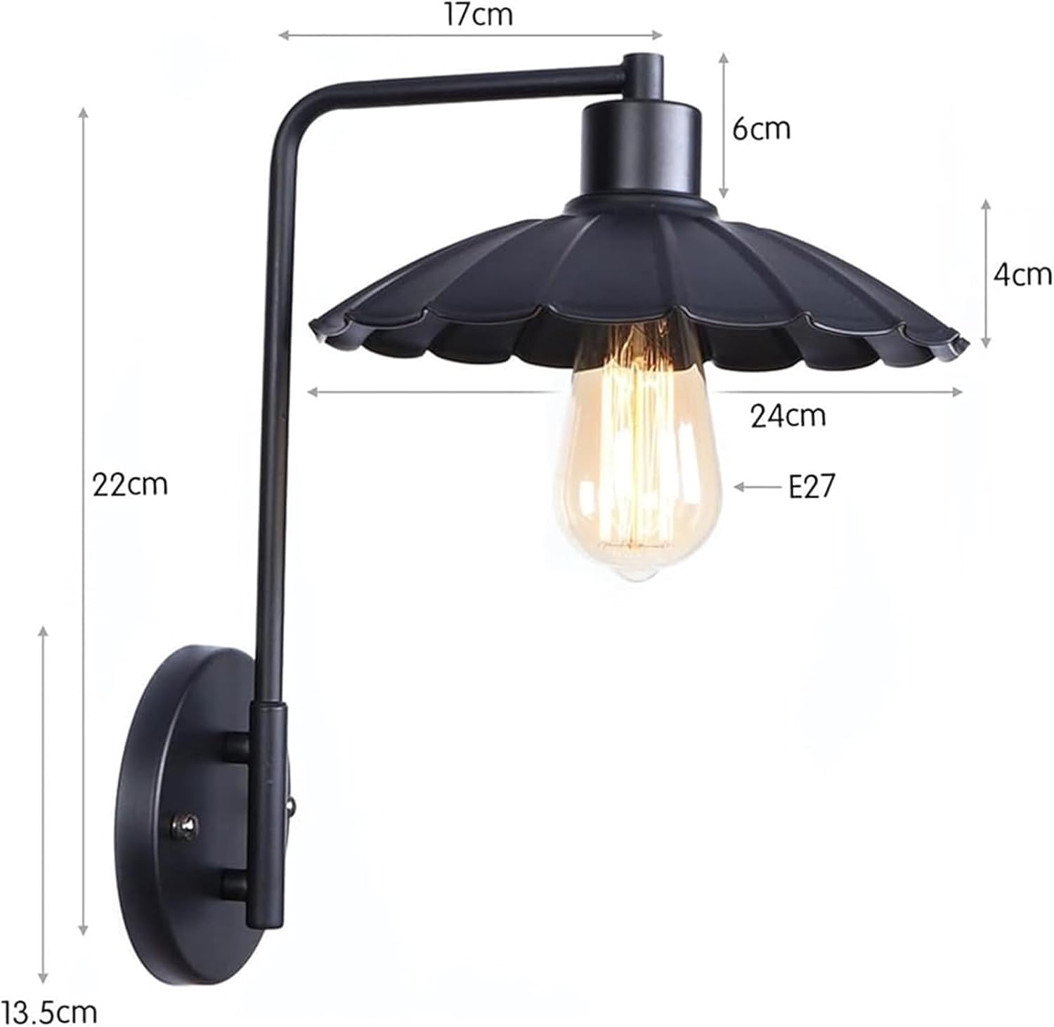 European Wall Light Retro Loft Wall Lamp V-intage Wrought Iron Lampshade Lighting Fixture Bedroom Bedside Living Room Study Cafe Dining Room Lamp Chandelier(Black)