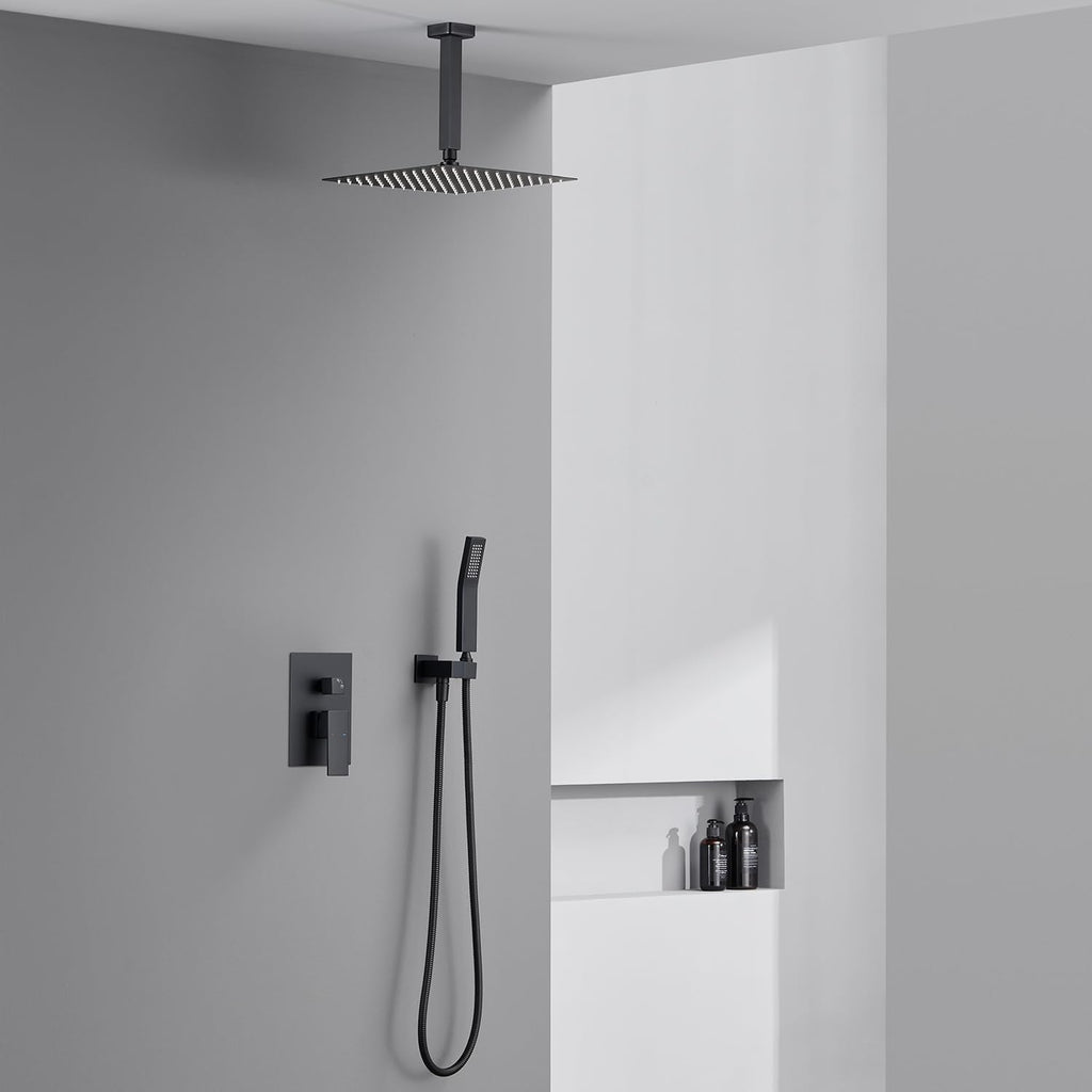 Shower System 12 Inches Rain Shower Combo Set Black Ceiling Mount Shower Faucet Bathroom Faucets with Rainfall Shower Head and Hand Shower