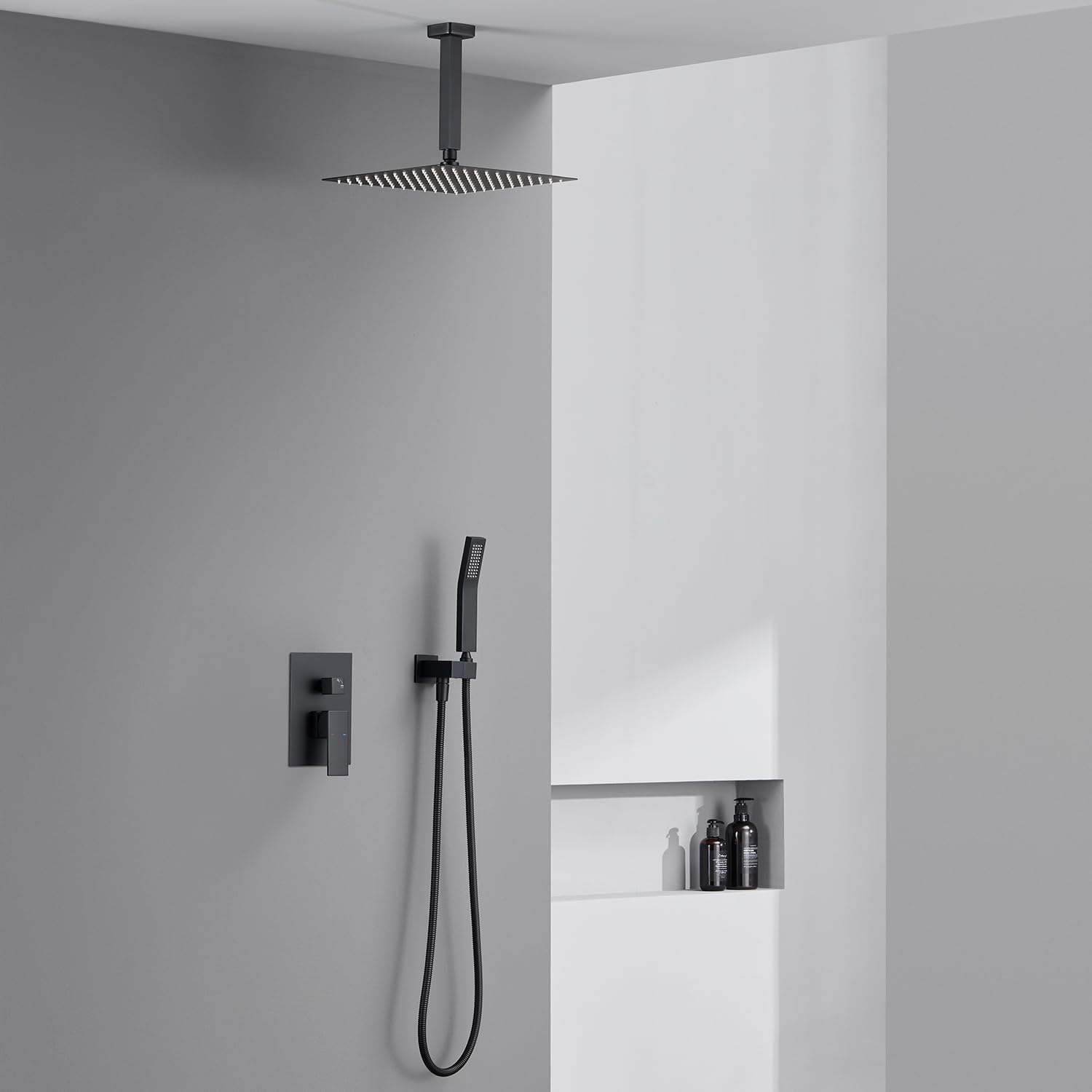 Shower System 12 Inches Rain Shower Combo Set Black Ceiling Mount Shower Faucet Bathroom Faucets with Rainfall Shower Head and Hand Shower