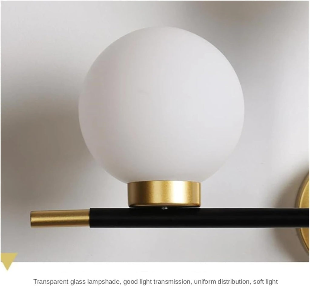 2 Light Nordic Minimalist Golden Wrought Iron Wall Fitting,with Frosted Glass Globe Shades Black Lighting Metal Fixture, for Living Room, Bedroom, Hallway(Right)