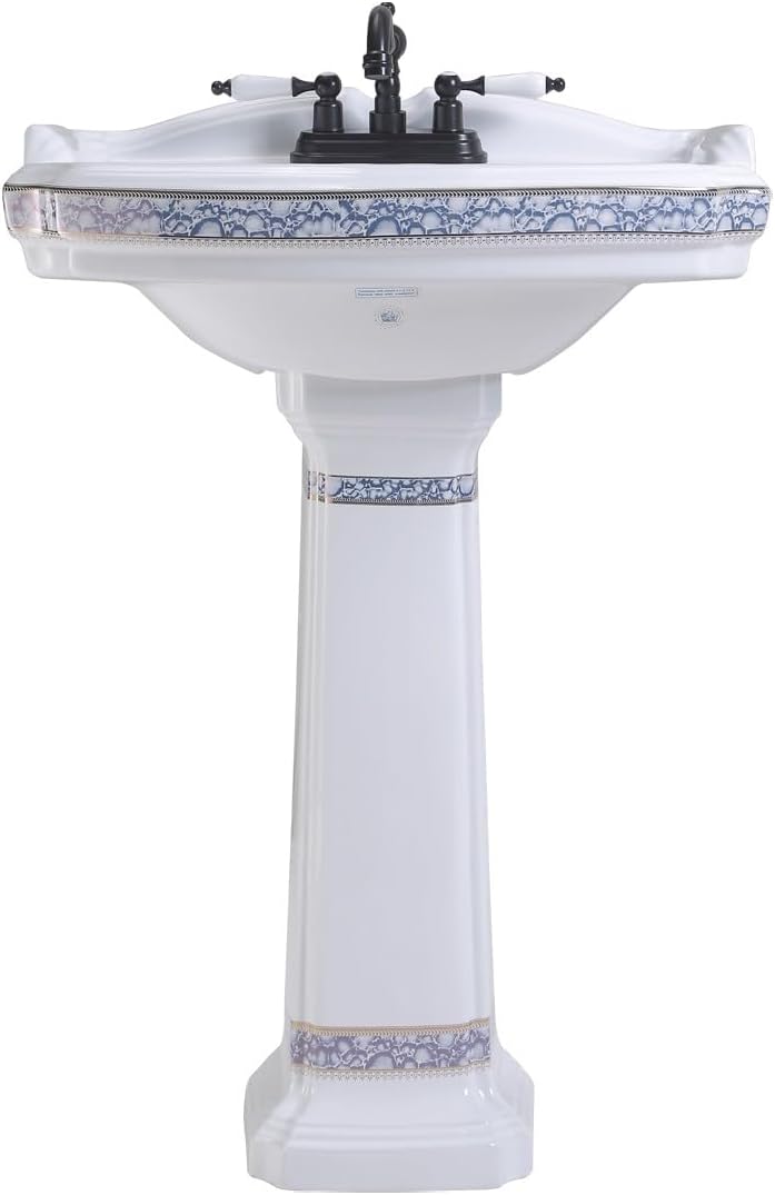Renovators Supply Manufacturing India Reserve 23' W x 34.25' H x 18.5' Proj. Ornate Blue Gold Bathroom Pedestal Sink, Vitreous China, Compatible with 4 in. Centerset Faucets