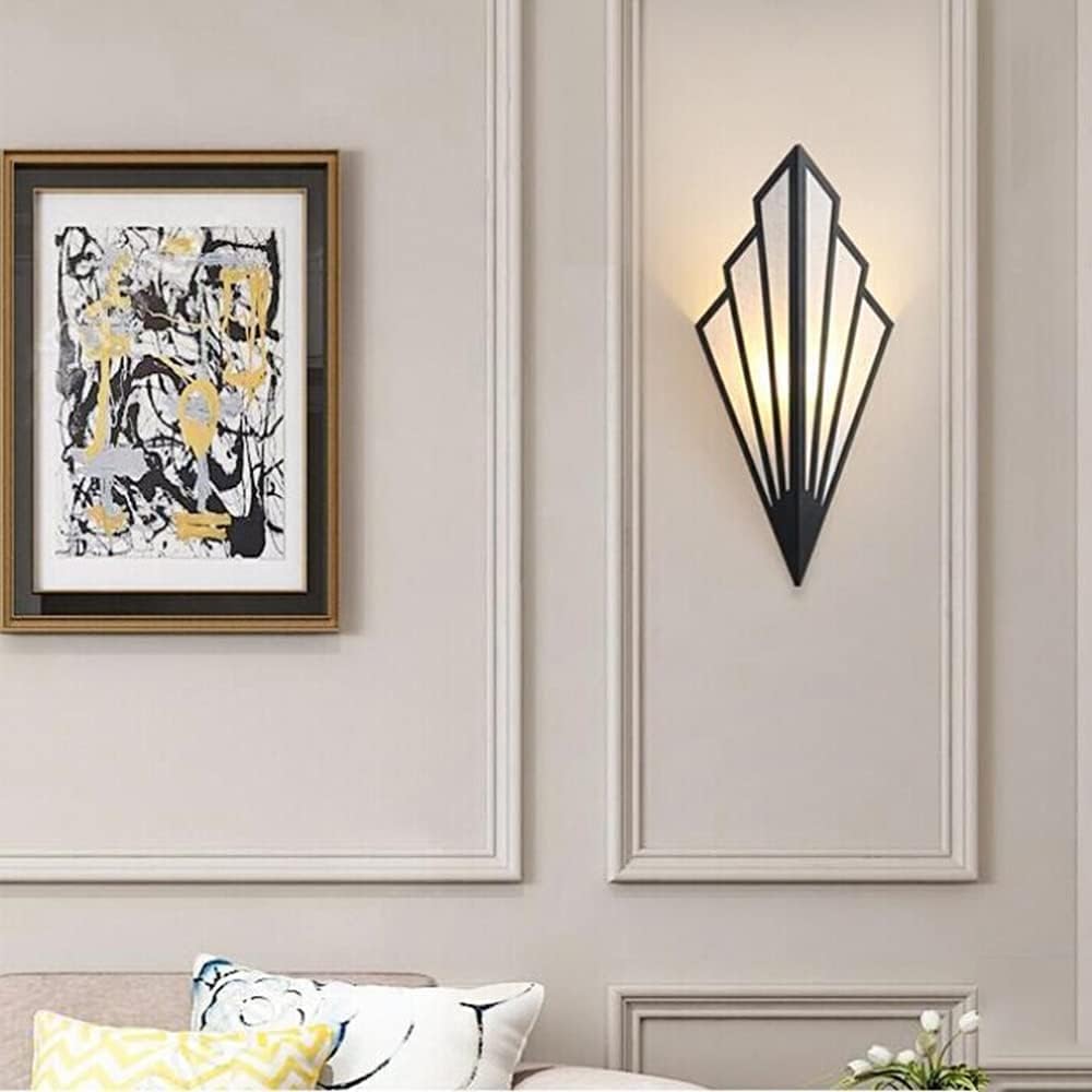 Antique Fan-Shaped Wall Light - Art Deco Wrought Iron Sconce, Linen Lampshade, Unique Triangle Design for Living Room, Bedroom, Aisle - Elegant Wall Lighting Fixture,Black-1 Head