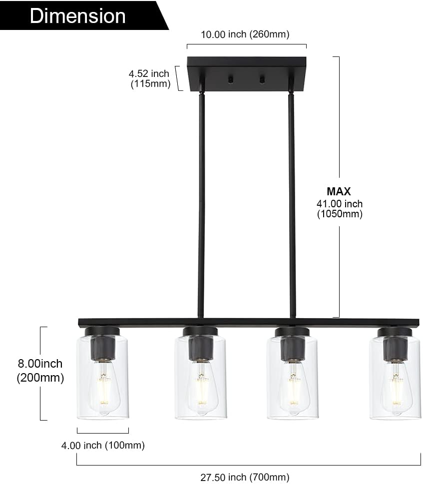 TODOLUZ Black Pendant Light Fixtures with Clear Glass Shades, 4-Lights Linar Kitchen Island Light for Farmhouse Dining Room Kitchen Pool Table
