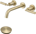 RBROHANT Gold Wall Mount Faucet with Pop up Drain Set for Sink Without Overflow, Brushed Gold Dual Handle Wall Mounted Bathroom Sink Faucet, Brass Rough-in Valve Included, RB0736D