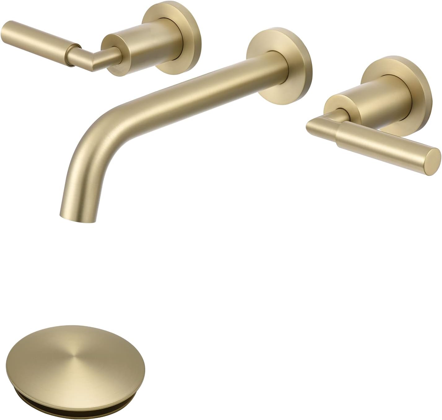 RBROHANT Gold Wall Mount Faucet with Pop up Drain Set for Sink Without Overflow, Brushed Gold Dual Handle Wall Mounted Bathroom Sink Faucet, Brass Rough-in Valve Included, RB0736D