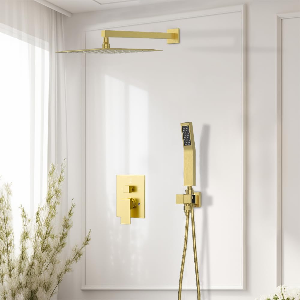 Shower System Shower Faucet Set, STARBATH 10' Wall Mount Rain Shower Head and Handheld Spray for Two Person, Rainfall Shower System with Diverter Valve and Trim Kit Complete,Brushed Gold