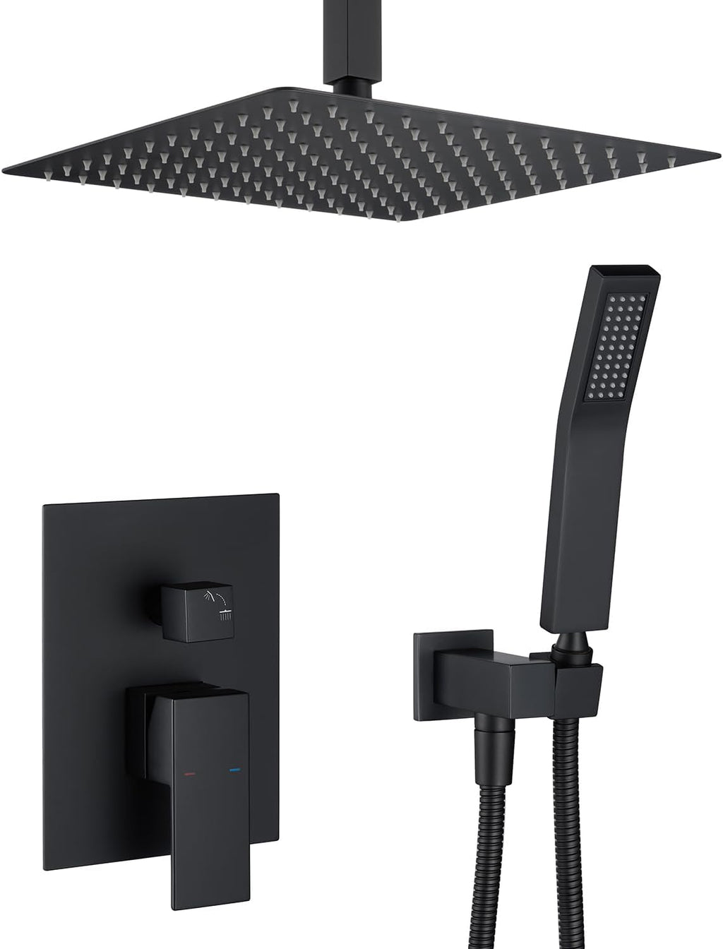 Shower System 12 Inches Rain Shower Combo Set Black Ceiling Mount Shower Faucet Bathroom Faucets with Rainfall Shower Head and Hand Shower