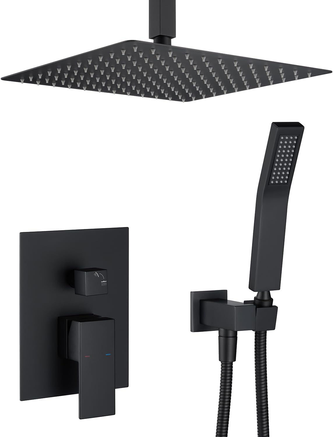 Shower System 12 Inches Rain Shower Combo Set Black Ceiling Mount Shower Faucet Bathroom Faucets with Rainfall Shower Head and Hand Shower