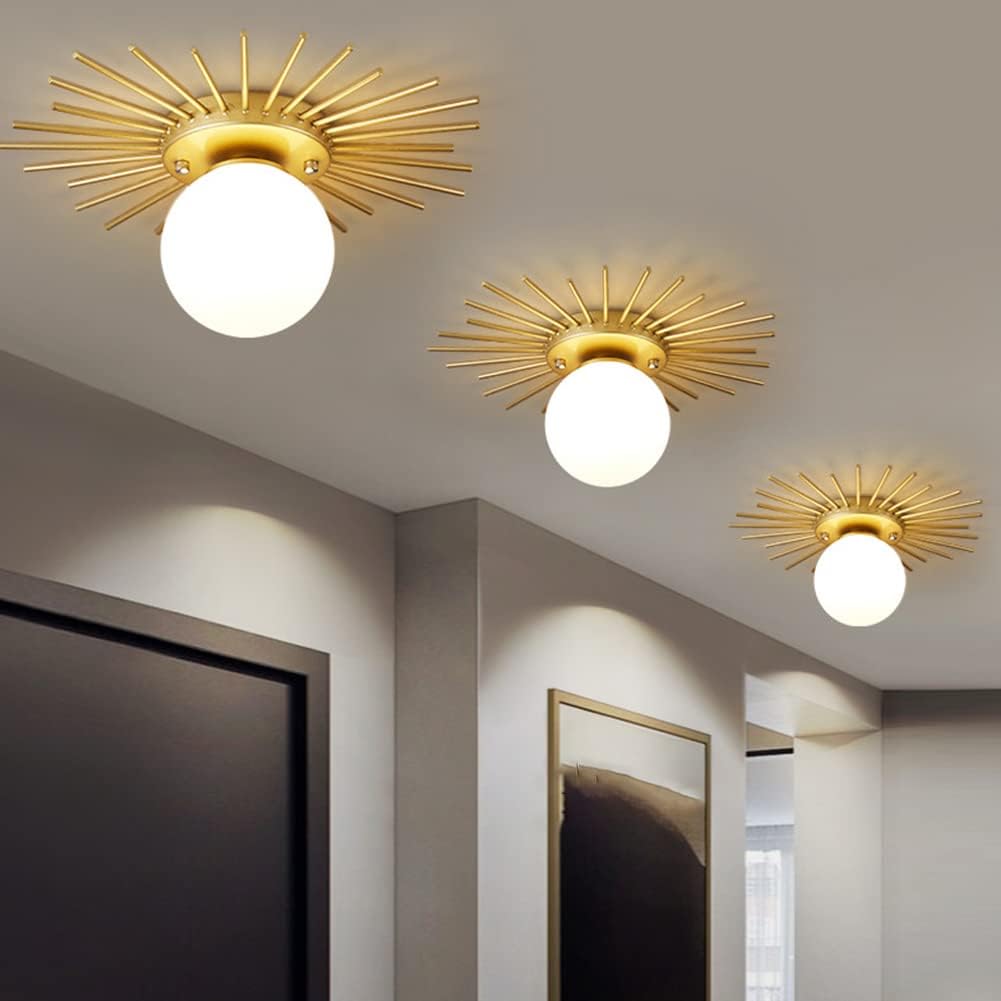 Nordic Round Ceiling Lights Creative Gold LED Flush Mount Lighting Fixture Sun Flower Shape Acrylic Lampshade Wrought Iron Chandelier for Living Room Bedroom Entrance Porch Kitchen (Gold,35CM)