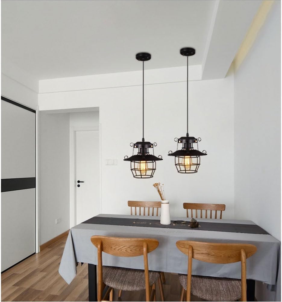 Country Style Chandelier, E27 Screw Single Head Adjustable Pendant Lamp, Black Cage Wrought Iron Lighting Fixtures, Loft Cafe Bar Hanging Light,Pendant Lights