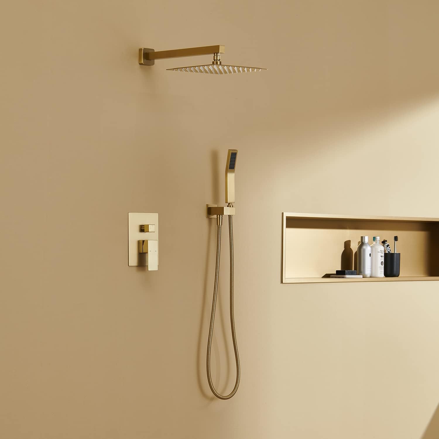 Shower System 10 Inches Rain Shower Combo Set Brushed Gold Wall Mount Faucet Bathroom Faucets with Rainfall Shower Head and Hand Shower