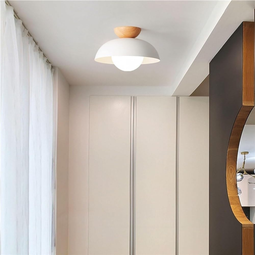Nordic Minimalist Ceiling Light Wrought Iron Wood Semi Recessed Modern Flush Mount Lamp Space Saving Lighting Fixture for Bedroom Aisle Entrance Kitchen Cloakroom(White)