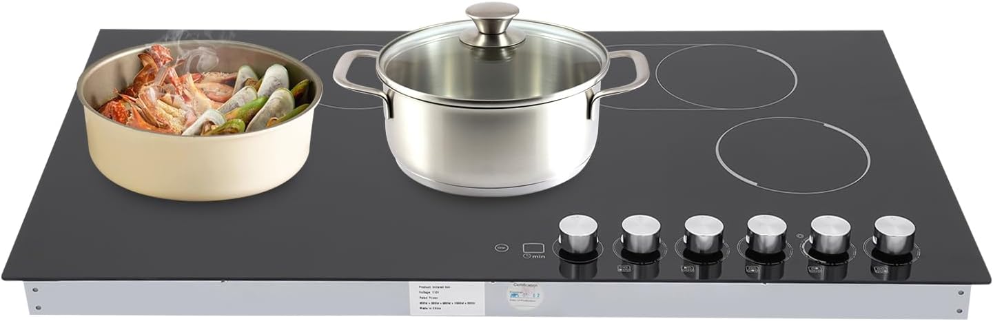 5 Burner Electric Cooktop, 35.5 Inch Touch Control Electric Stove Top with 5 Heating Level & Overheat Protection, Child Lock, 1 Waterproof Tape, Countertop/Embedded Mount Electrics Stovetop Burner