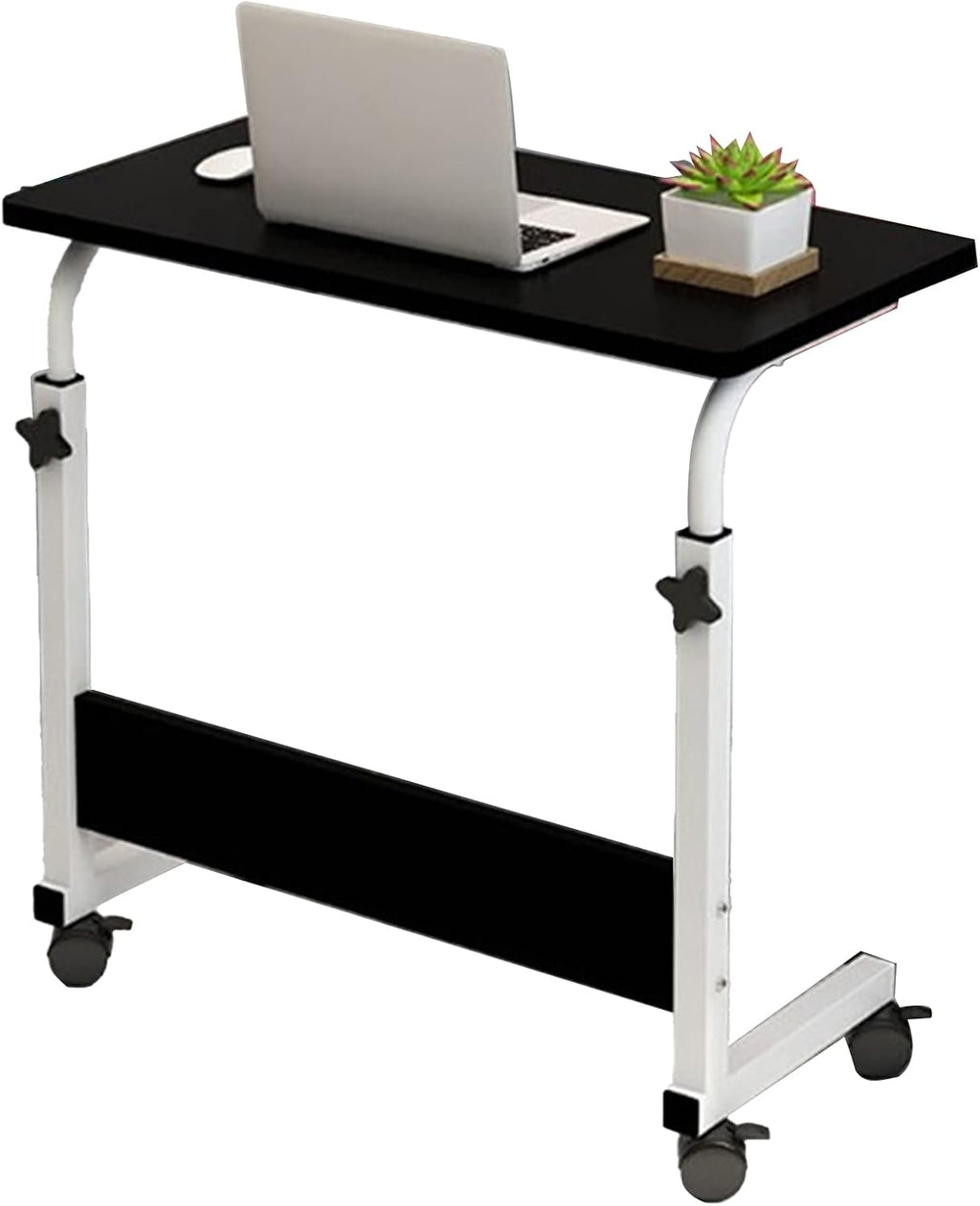 C Shaped End Table Adjustable Overbed Bedside Table with Wheels Rolling Laptop Tray Desk Cart Portable Mobile Sit Stand Desk Tilting Hospital Bed Table (Black)