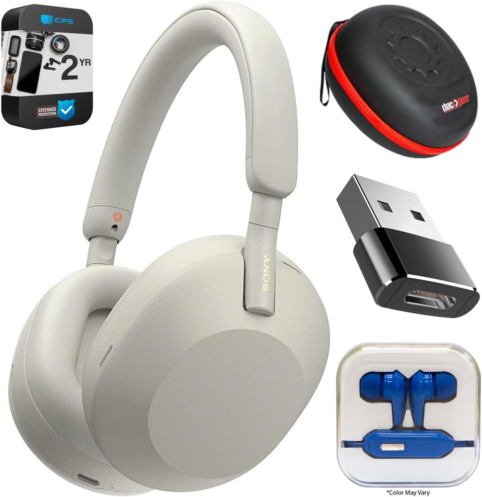 Sony WH-1000XM5 Wireless Industry Leading Noise Canceling Headphones, Silver Bundle with 2 YR CPS Enhanced Protection Pack, Mizco Travelocity in-Ear Headphone, Deco Gear Hard Case and Type C Adapter
