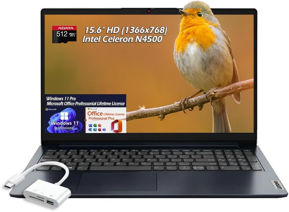 Lenovo Ideapad 1 15.6' HD (1366x768) Anti-Glare Laptop, Office Lifetime License, Intel Celeron N4500, 4GB DDR4, 128GB eMMC + 512GB Card,WiFi6, Bluetooth, Win11Pro, Abyss Blue, w/USB Hub, W/GaLiMu